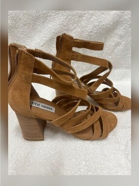 Steve Madden Cognac Suede Strappy Block Heel Sandals